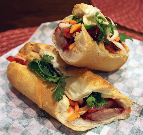 Bánh mì thịt nướng — grilled pork, pickled carrot and coriander in a split baguette
