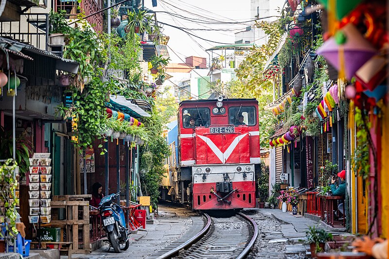 Hanoi Train Street with cafés along the railway tracks